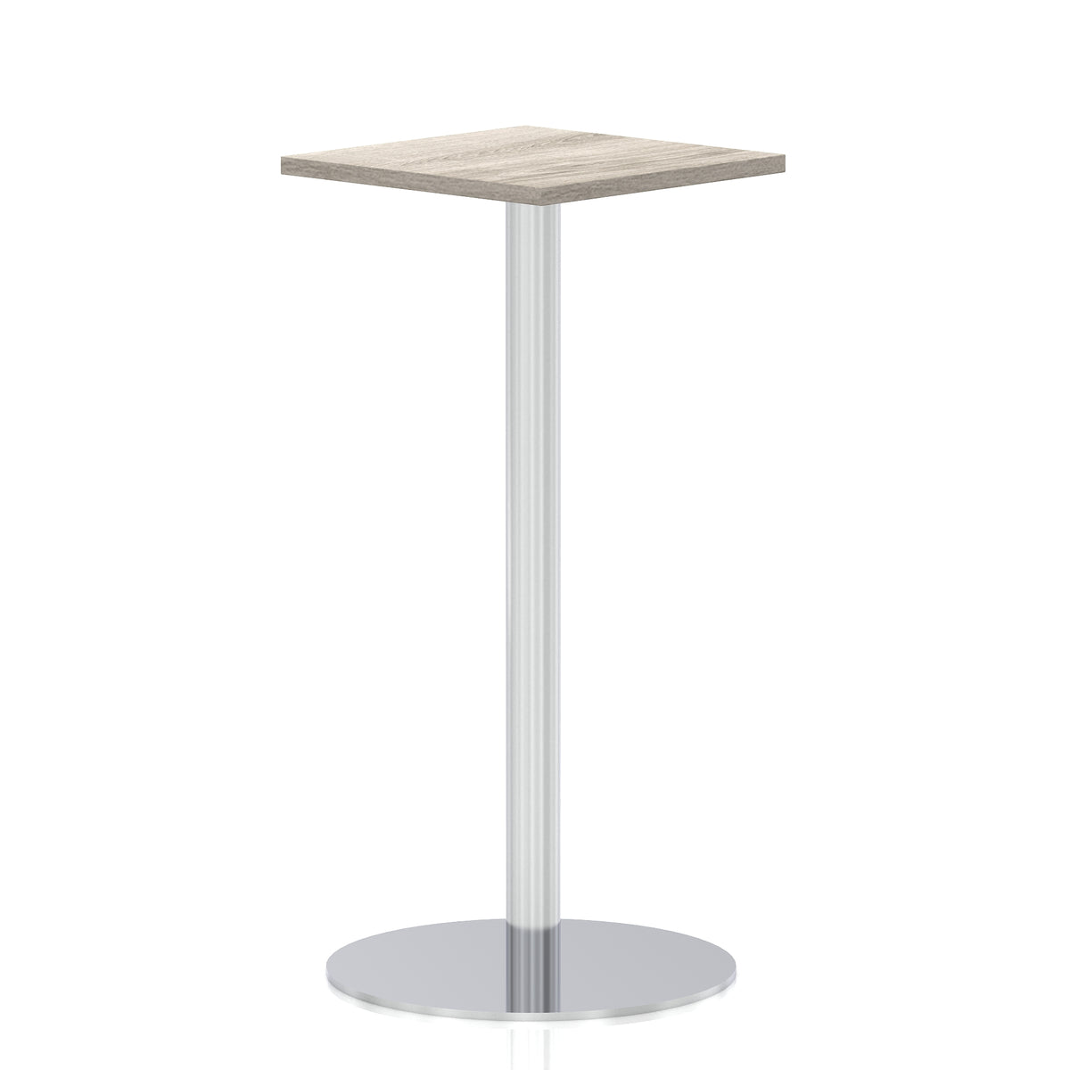 Square high table with a grey wood-effect top and silver cylindrical base on a white background