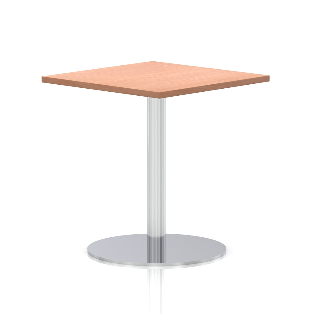 Square table with a wood-effect top and silver cylindrical base on a white background