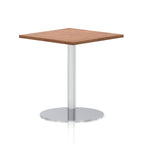 Square table with a wood-effect top and silver cylindrical base on a white background