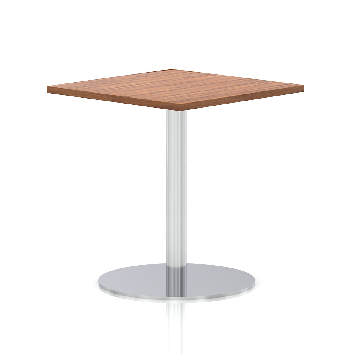 Square table with a wood-effect top and silver cylindrical base on a white background