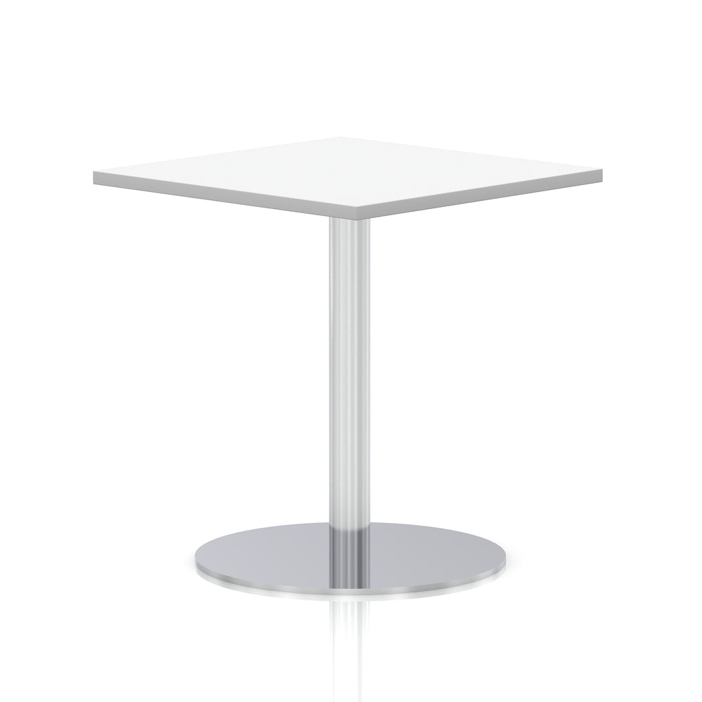 Square table with a white top and silver cylindrical base on a white background