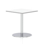 Square table with a white top and silver cylindrical base on a white background