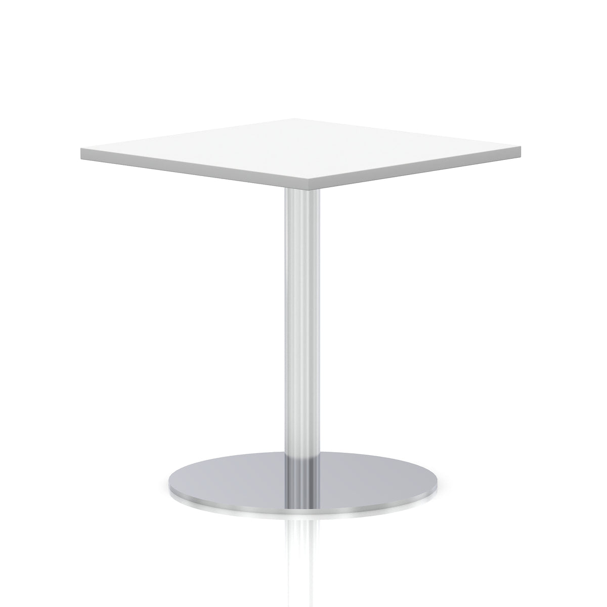 Square table with a white top and silver cylindrical base on a white background