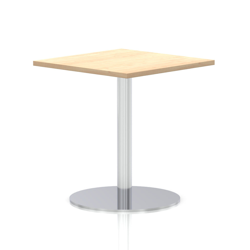 Square table with a wood-effect top and silver cylindrical base on a white background