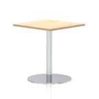 Square table with a wood-effect top and silver cylindrical base on a white background