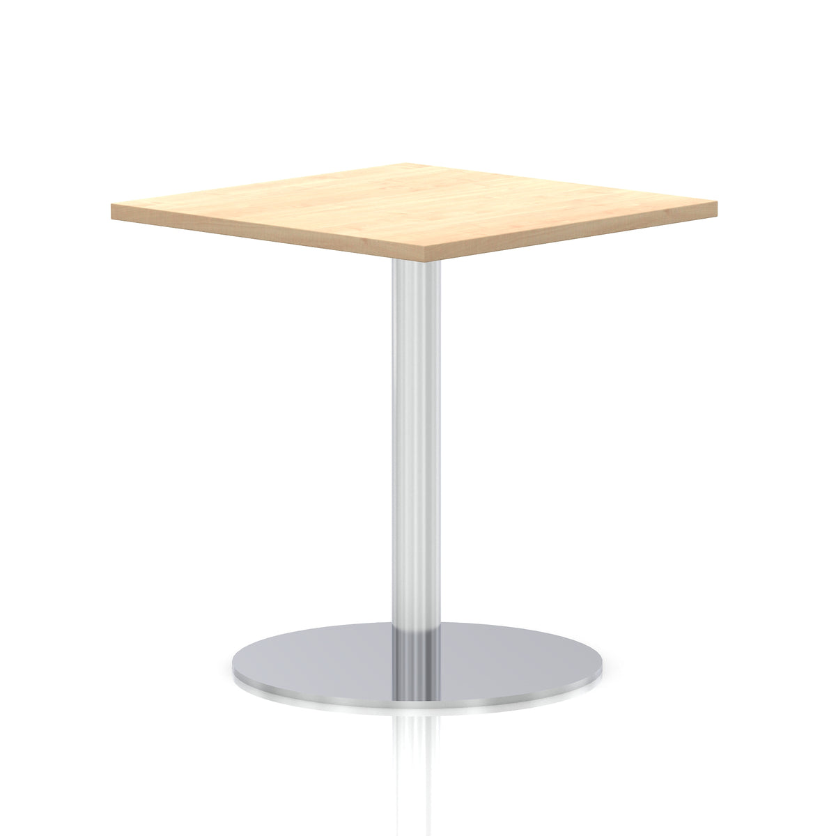 Square table with a wood-effect top and silver cylindrical base on a white background