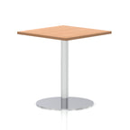 Square table with a wood-effect top and silver cylindrical base on a white background