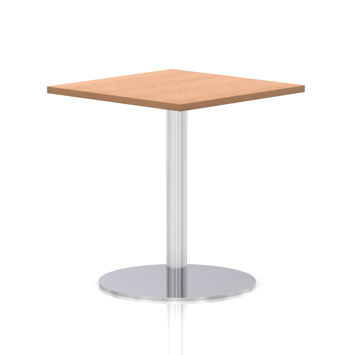 Square table with a wood-effect top and silver cylindrical base on a white background