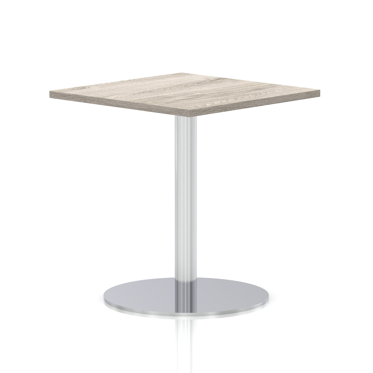 Square table with a grey wood-effect top and silver cylindrical base on a white background