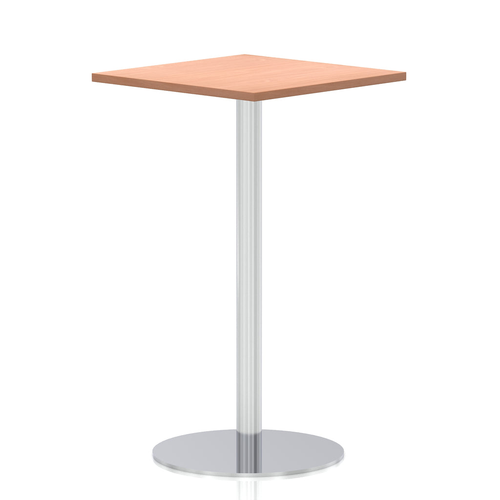 Square high table with a wood-effect top and silver cylindrical base on a white background