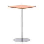 Square high table with a wood-effect top and silver cylindrical base on a white background