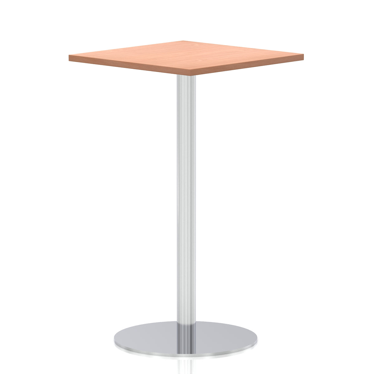 Square high table with a wood-effect top and silver cylindrical base on a white background