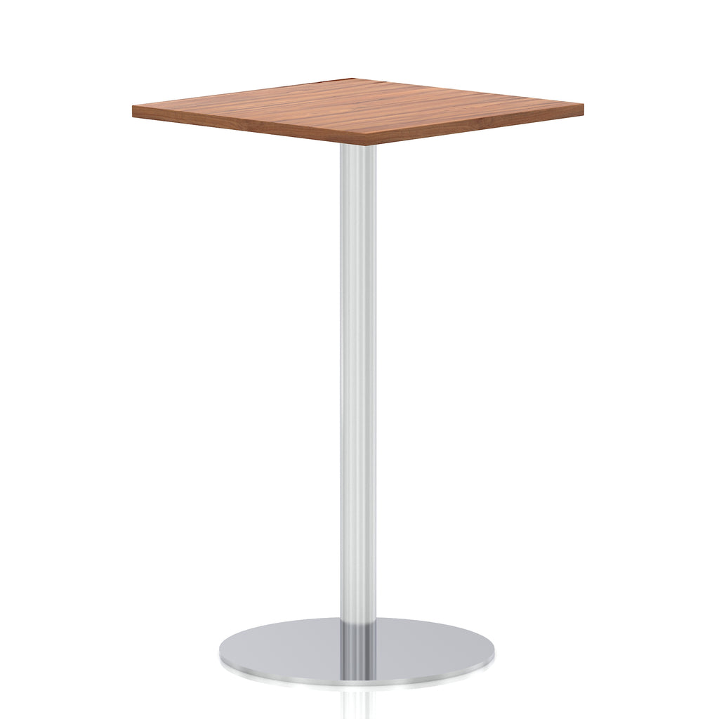 Square high table with a wood-effect top and silver cylindrical base on a white background