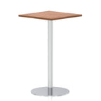 Square high table with a wood-effect top and silver cylindrical base on a white background