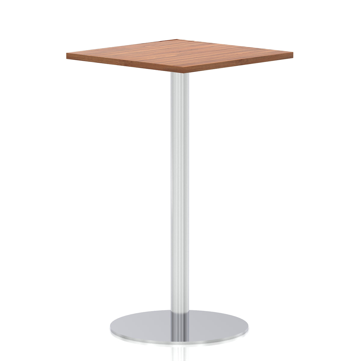 Square high table with a wood-effect top and silver cylindrical base on a white background