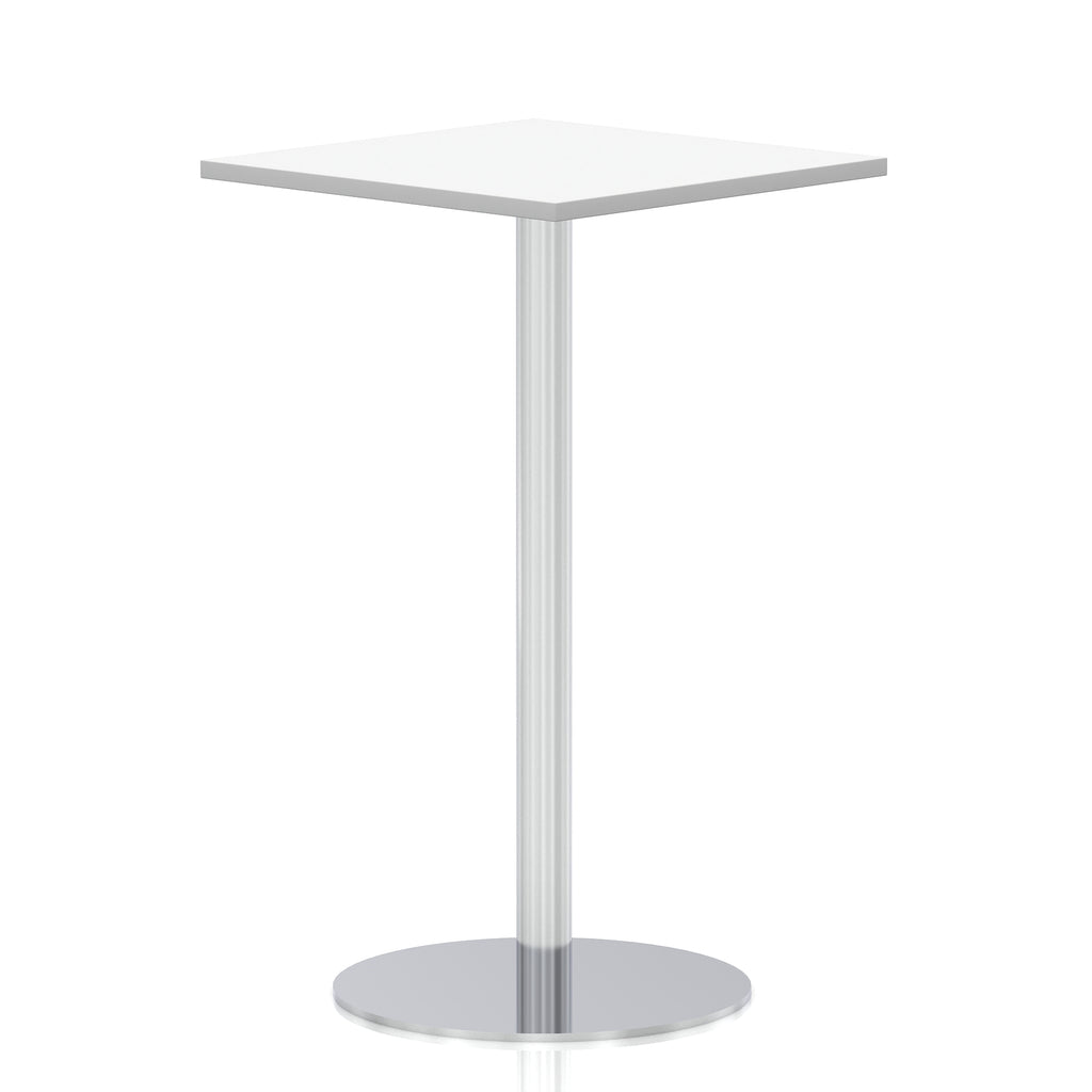 Square high table with a white top and silver cylindrical base on a white background