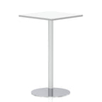 Square high table with a white top and silver cylindrical base on a white background