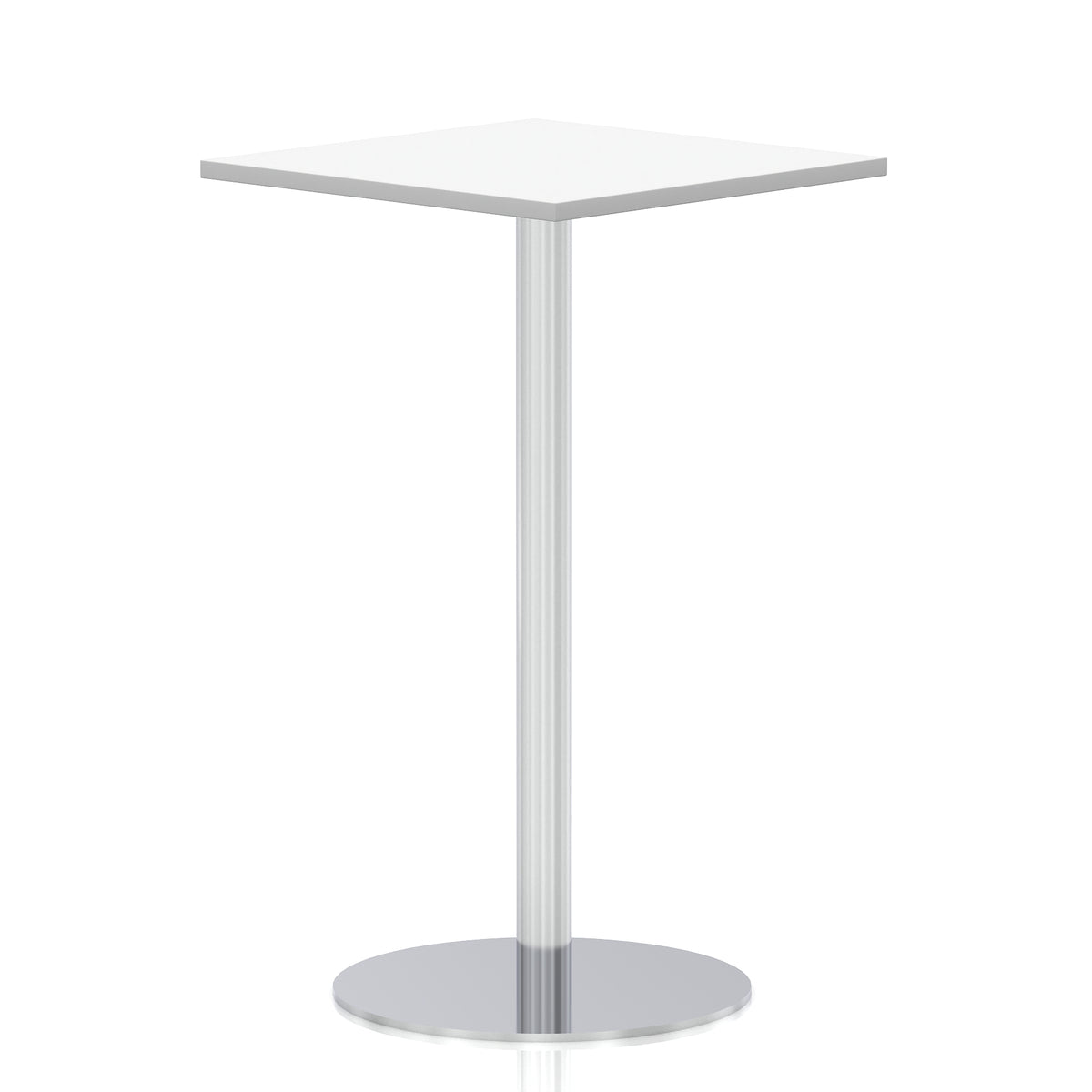 Square high table with a white top and silver cylindrical base on a white background
