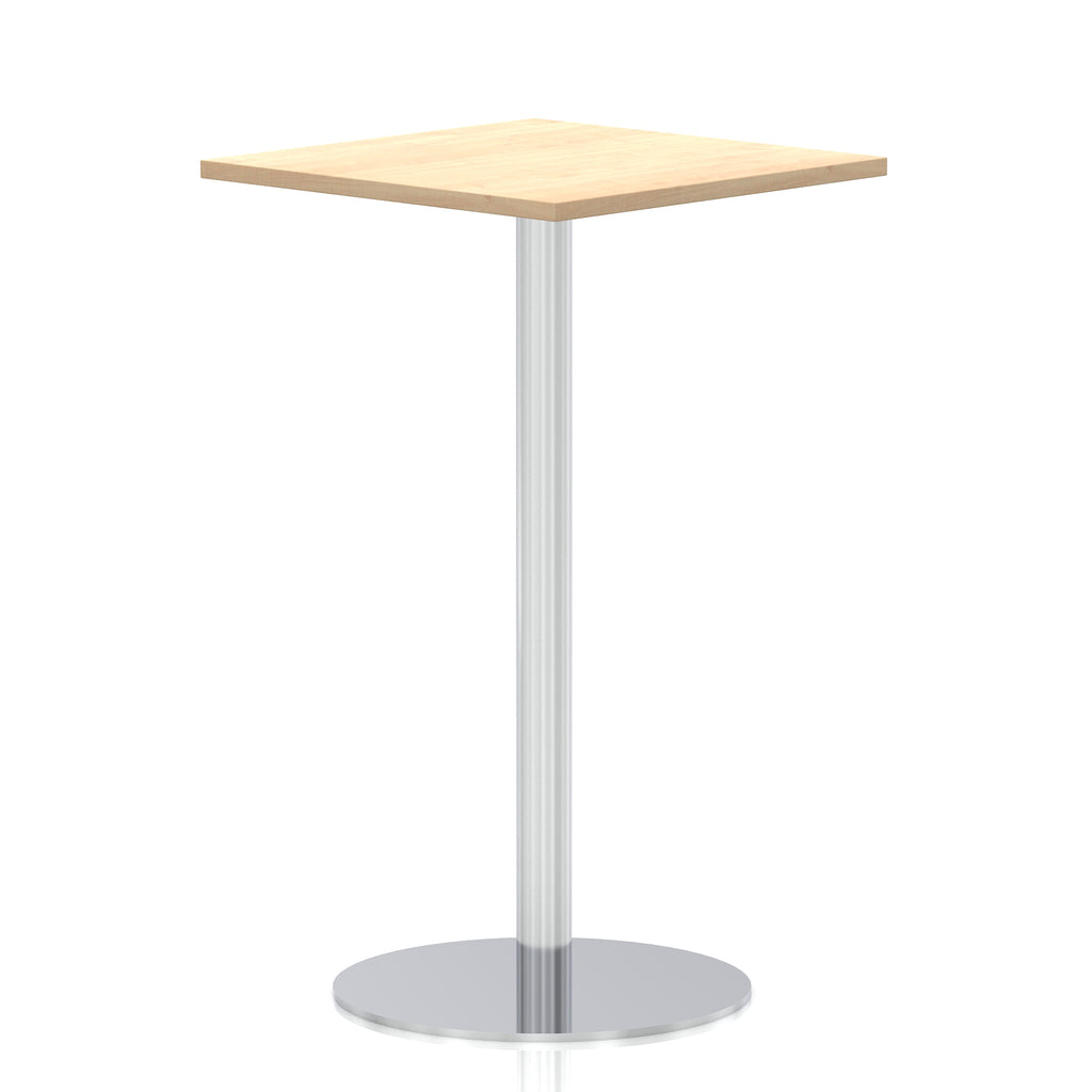 Square high table with a wood-effect top and silver cylindrical base on a white background