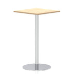 Square high table with a wood-effect top and silver cylindrical base on a white background