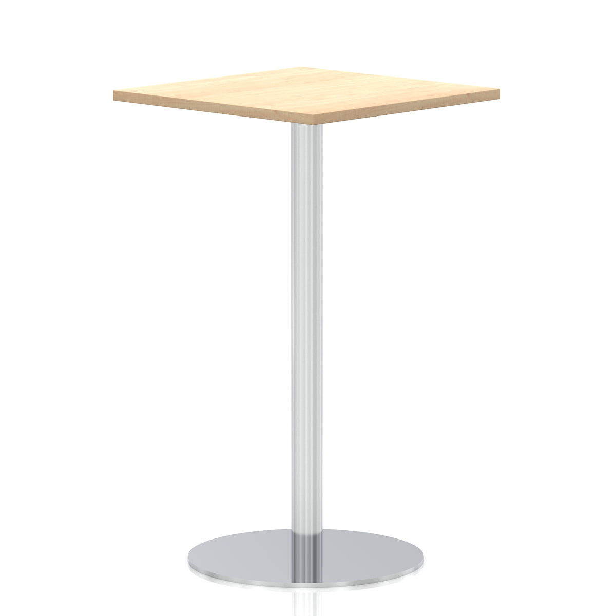 Square high table with a wood-effect top and silver cylindrical base on a white background