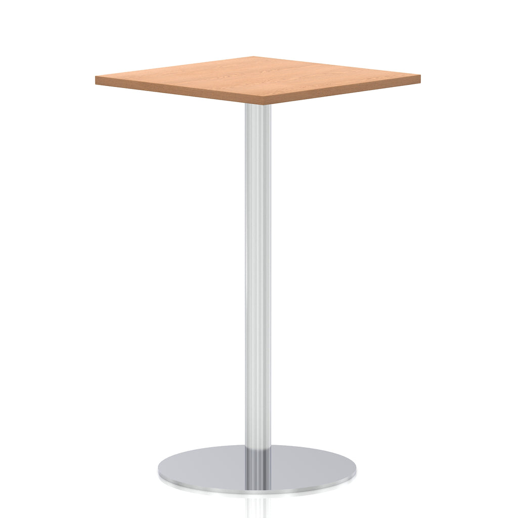 Square high table with a wood-effect top and silver cylindrical base on a white background