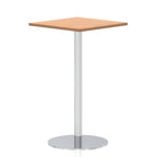 Square high table with a wood-effect top and silver cylindrical base on a white background