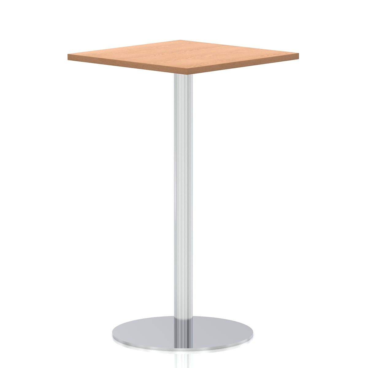 Square high table with a wood-effect top and silver cylindrical base on a white background