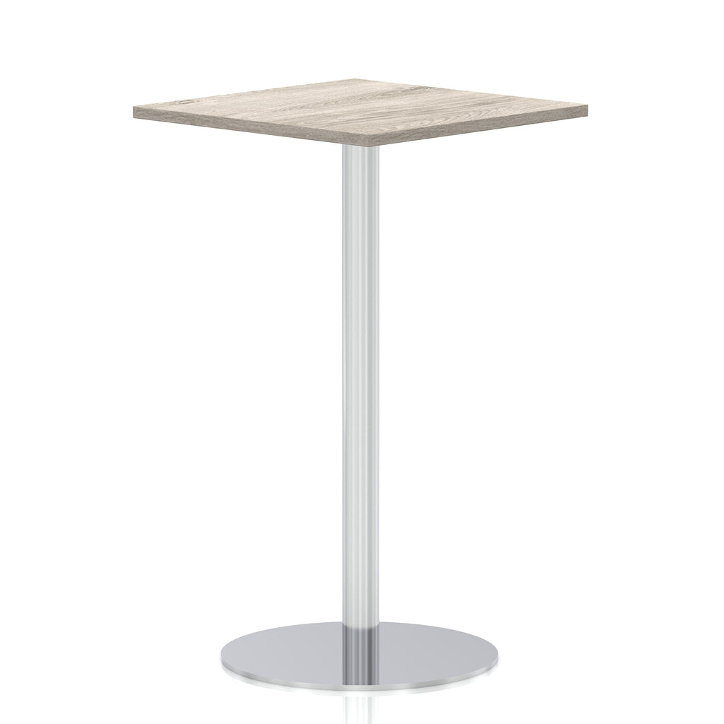 Square high table with a grey wood-effect top and silver cylindrical base on a white background