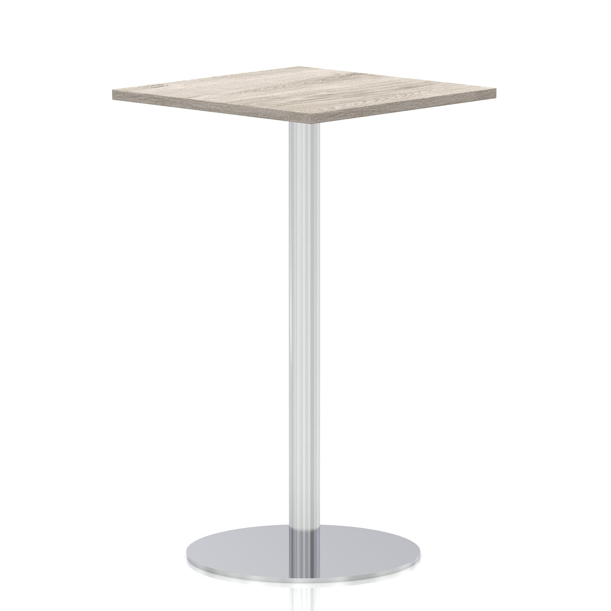 Square high table with a grey wood-effect top and silver cylindrical base on a white background