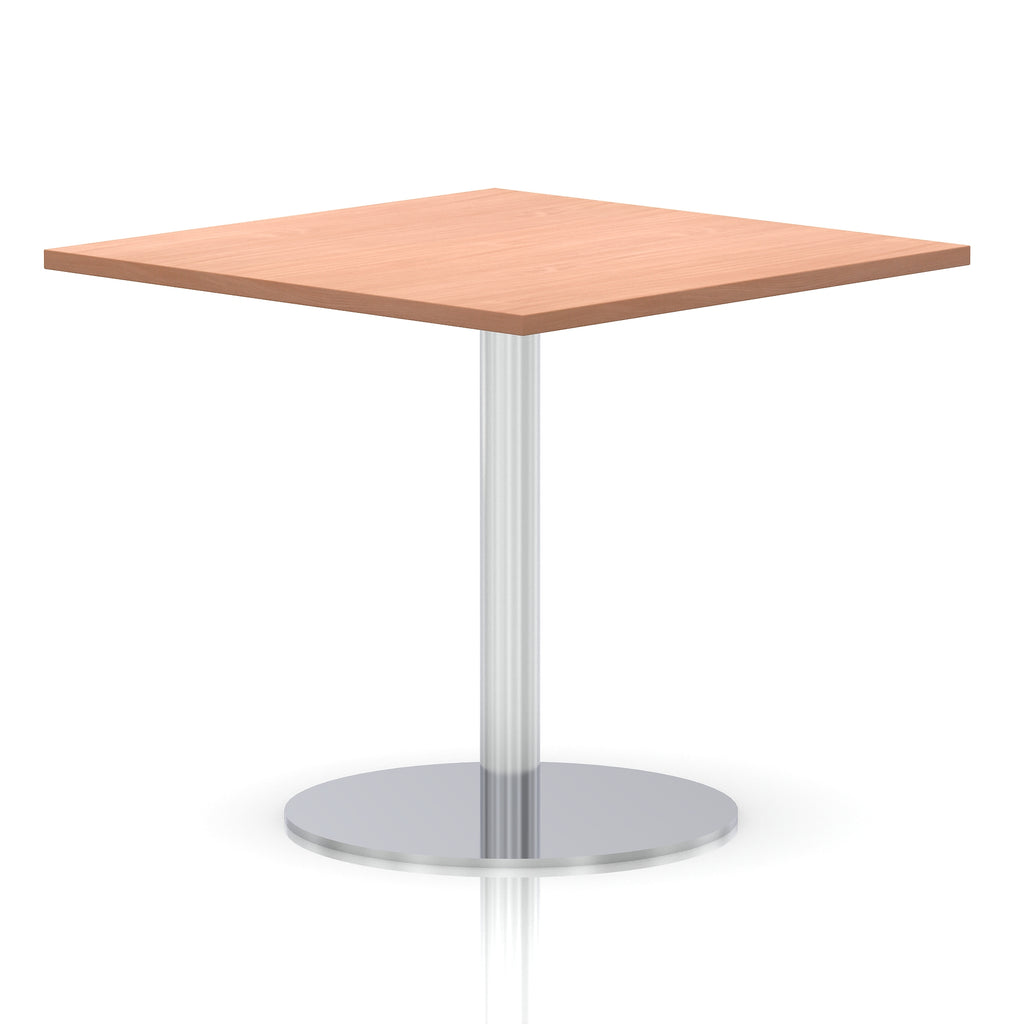 Square table with a wood-effect top and silver cylindrical base on a white background