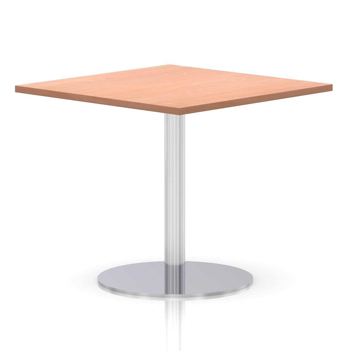 Square table with a wood-effect top and silver cylindrical base on a white background