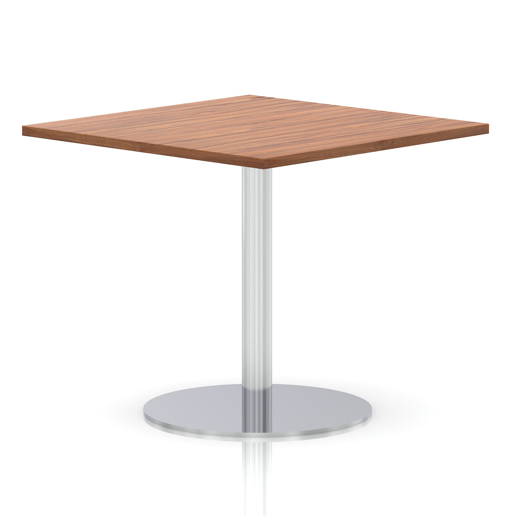 Square table with a wood-effect top and silver cylindrical base on a white background