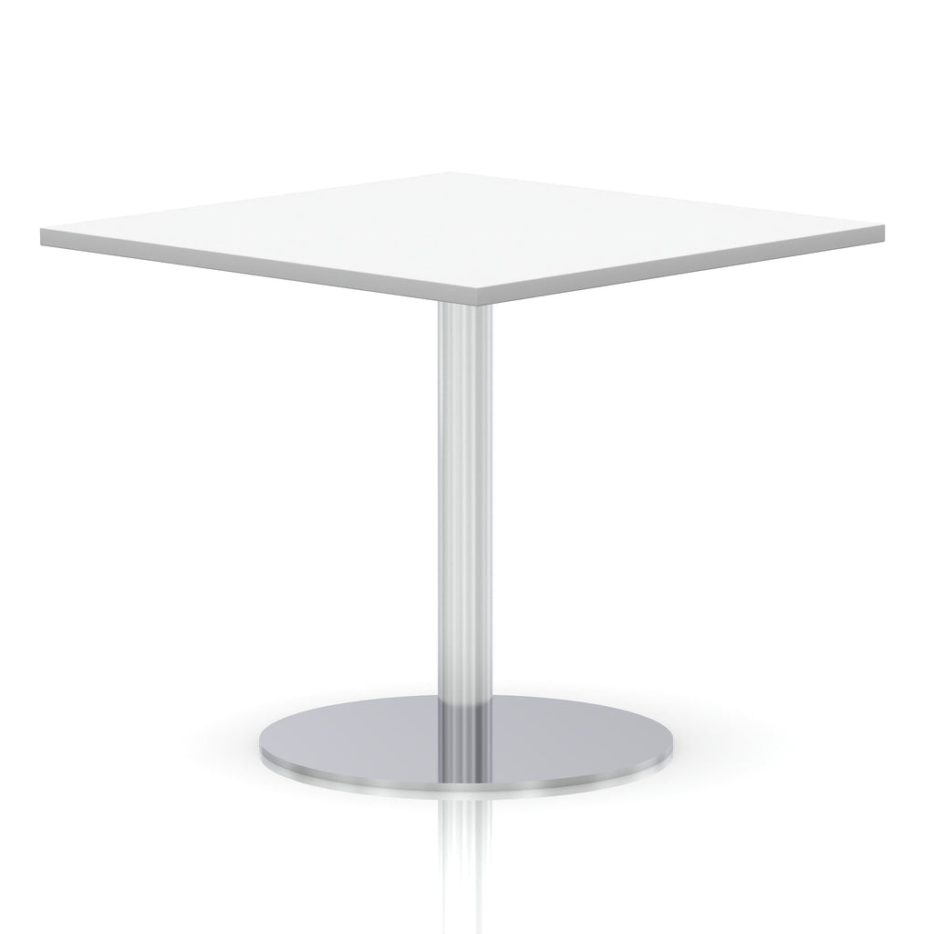 Square table with a white top and silver cylindrical base on a white background