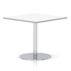 Square table with a white top and silver cylindrical base on a white background