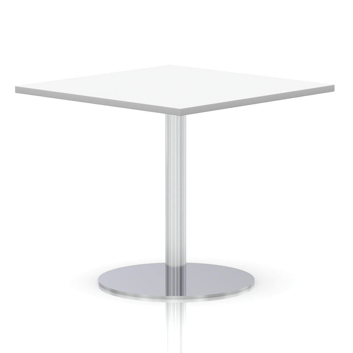 Square table with a white top and silver cylindrical base on a white background