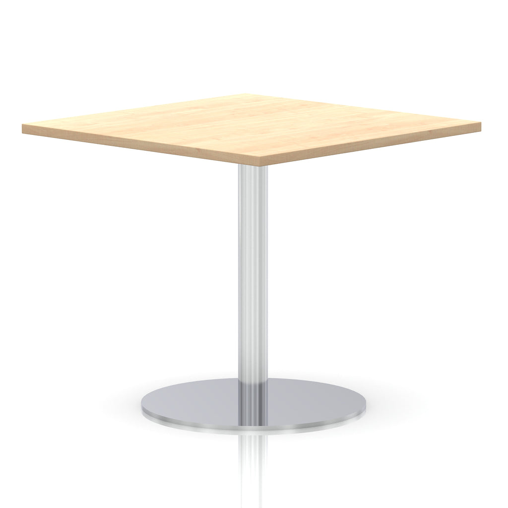 Square table with a wood-effect top and silver cylindrical base on a white background