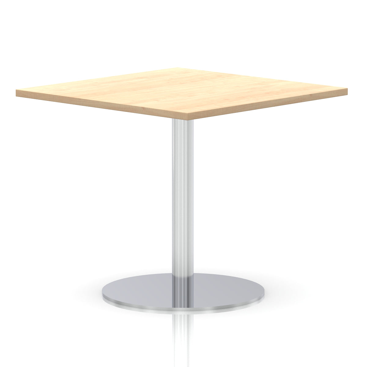 Square table with a wood-effect top and silver cylindrical base on a white background