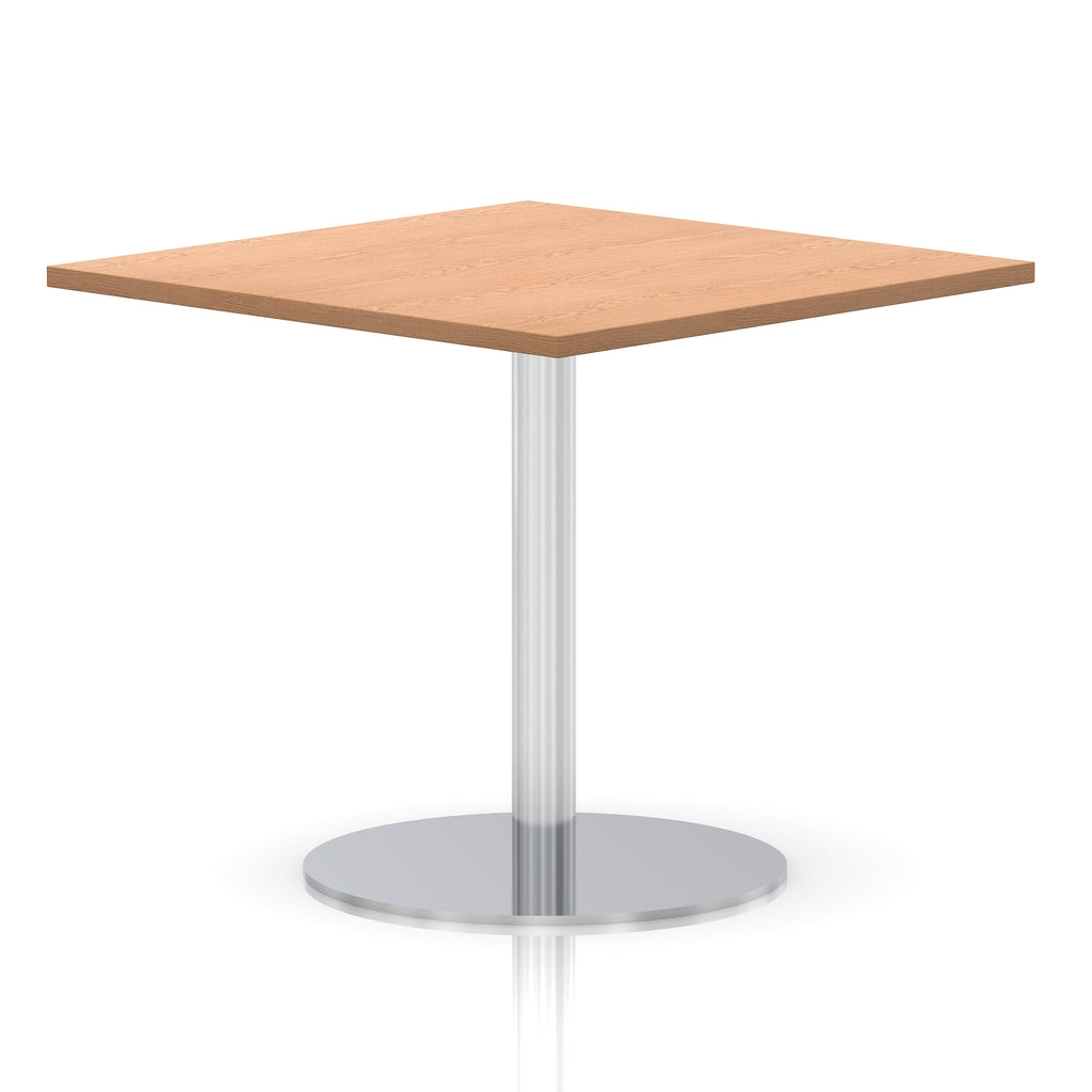 Square table with a wood-effect top and silver cylindrical base on a white background