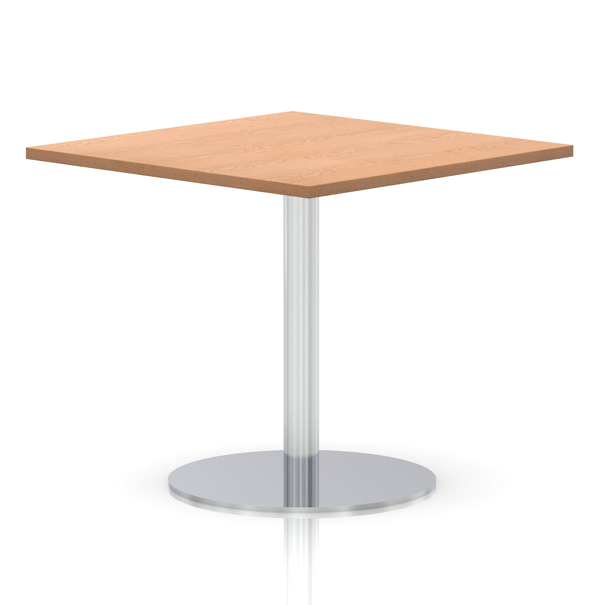 Square table with a wood-effect top and silver cylindrical base on a white background