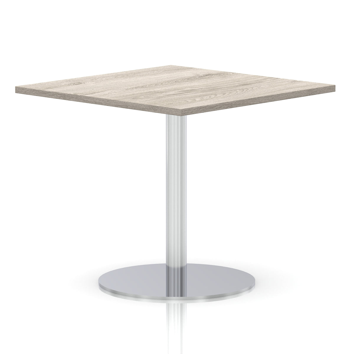 Square table with a grey wood-effect top and silver cylindrical base on a white background