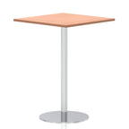 Square high table with a wood-effect top and silver cylindrical base on a white background