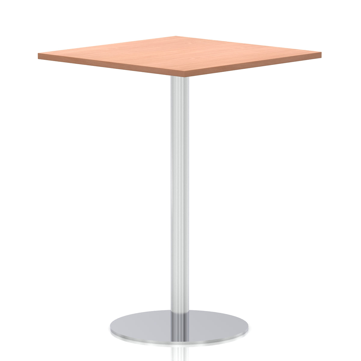 Square high table with a wood-effect top and silver cylindrical base on a white background