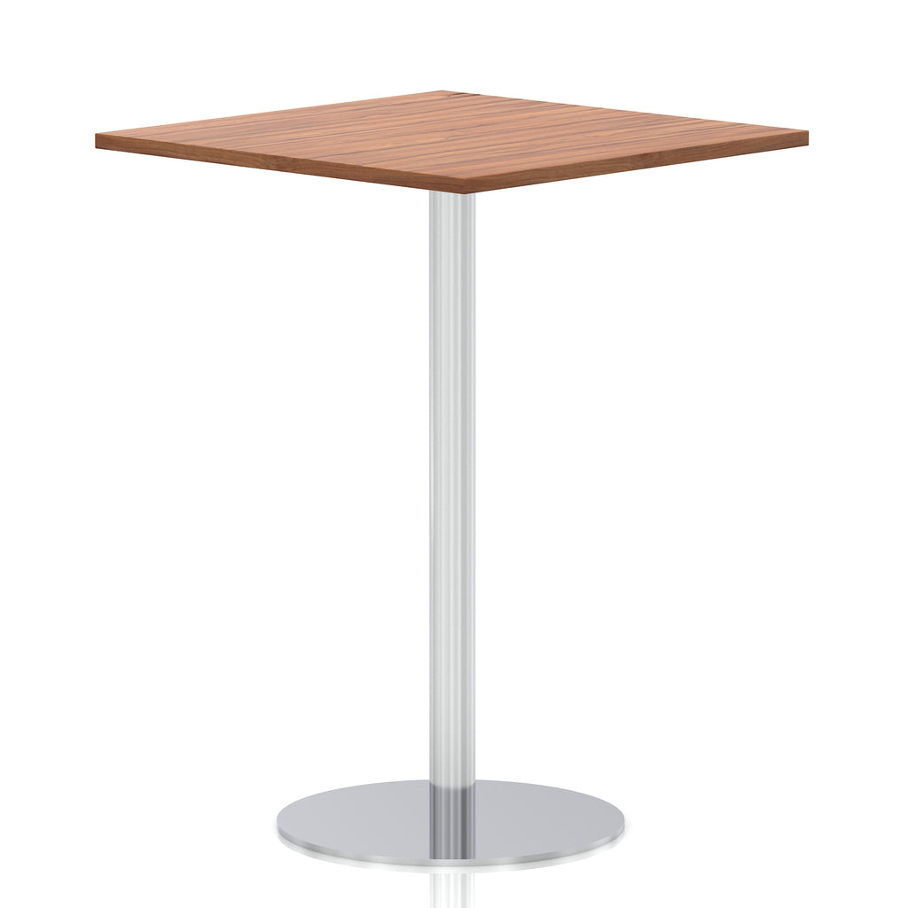 Square high table with a wood-effect top and silver cylindrical base on a white background