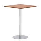 Square high table with a wood-effect top and silver cylindrical base on a white background
