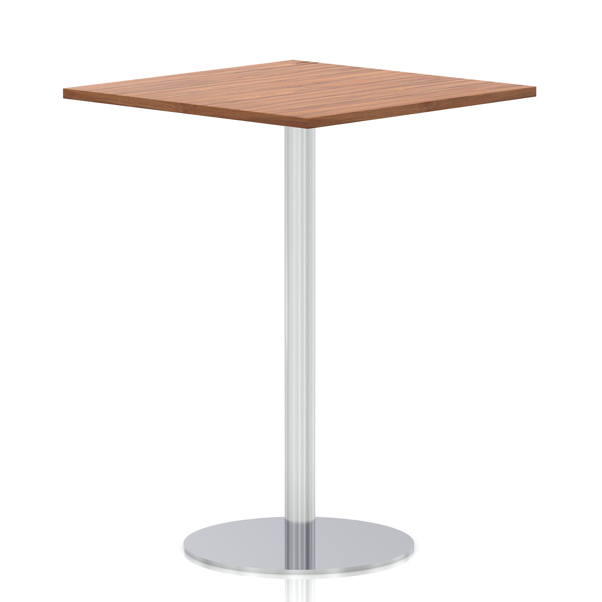 Square high table with a wood-effect top and silver cylindrical base on a white background