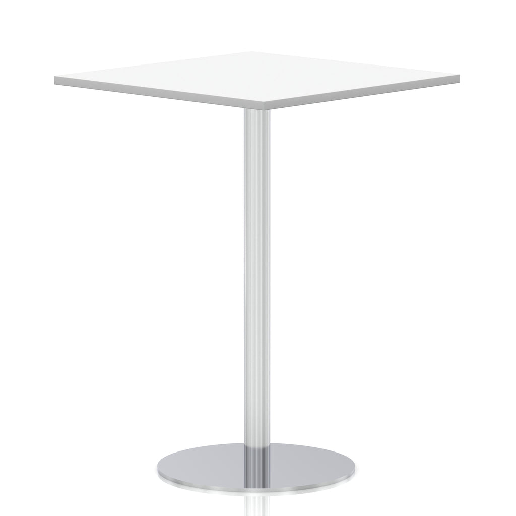 Square high table with a wood-effect top and silver cylindrical base on a white background