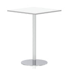Square high table with a wood-effect top and silver cylindrical base on a white background