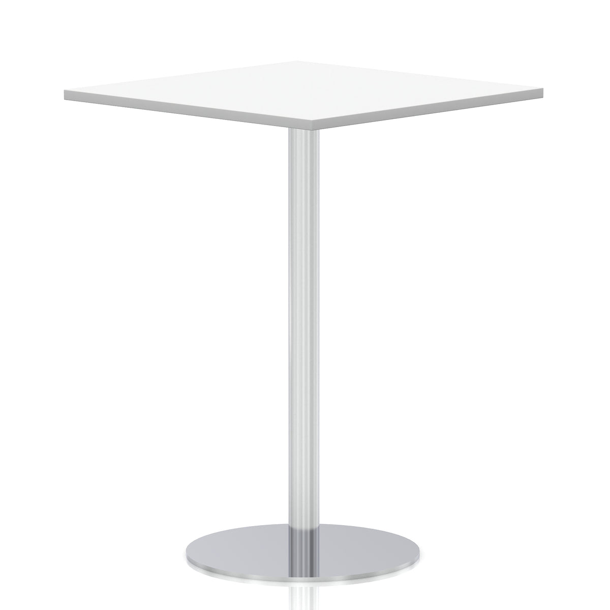 Square high table with a wood-effect top and silver cylindrical base on a white background