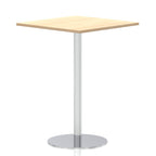 Square high table with a wood-effect top and silver cylindrical base on a white background